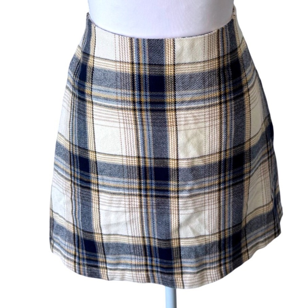 Blue Rain Plaid Mini Skirt High Waisted Navy‎ Cream Preppy Kilt 90s Small